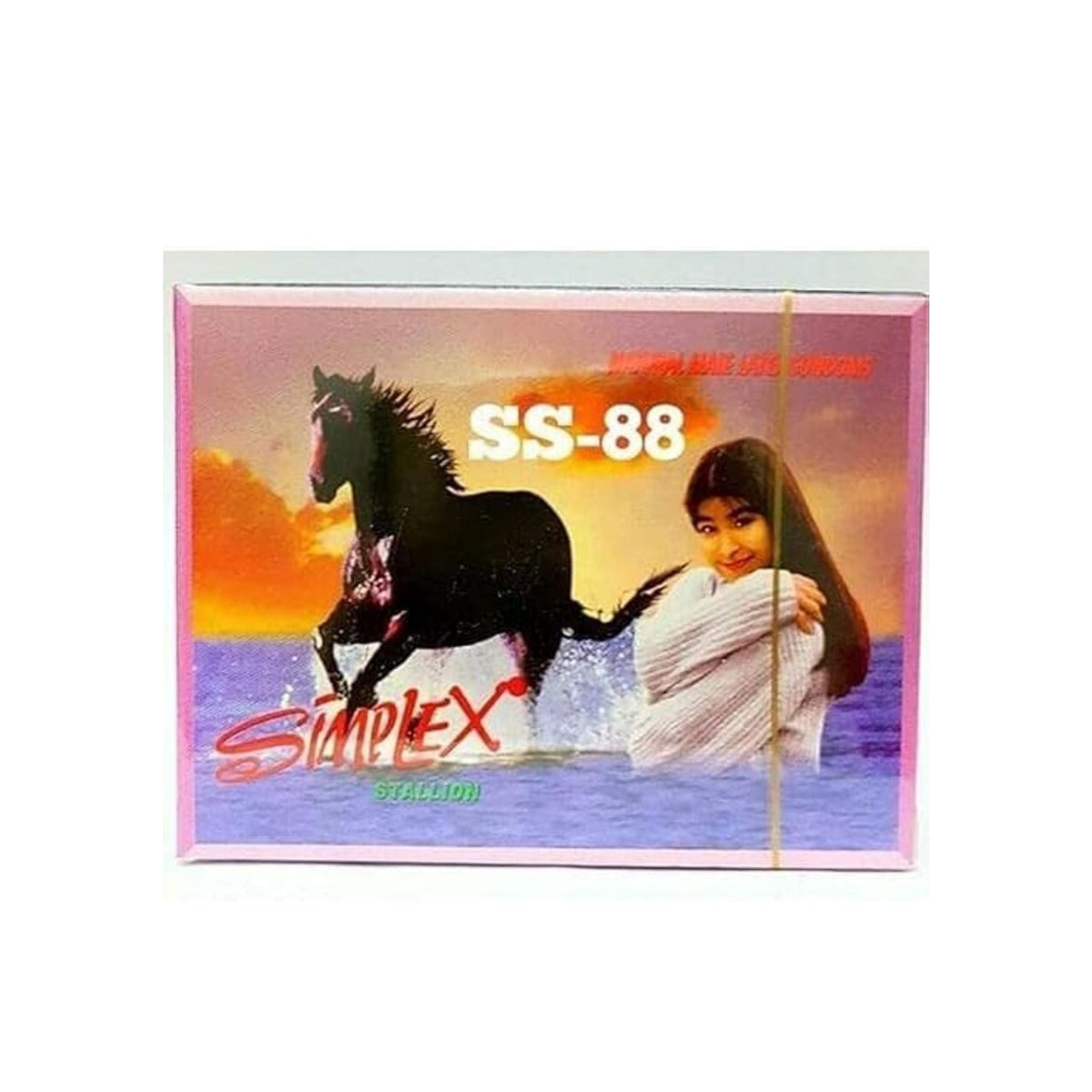 Refect Beauty Simplex Stallion condom 3-pack box featuring a black horse and woman illustration on a sunset background