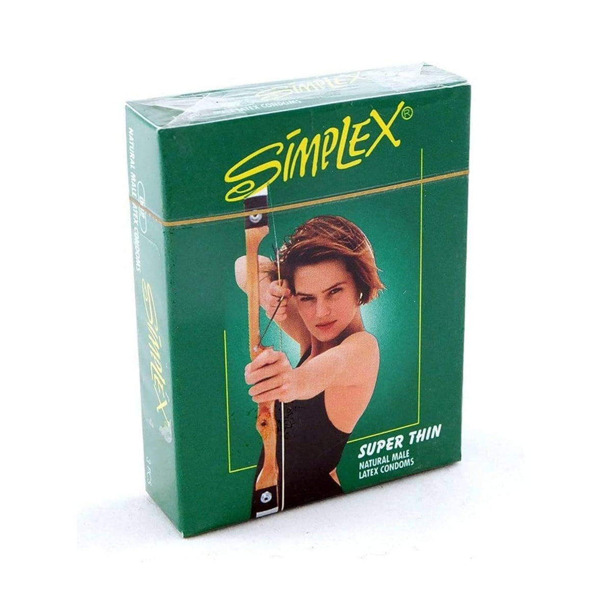 Refect Beauty Simplex Super Thin natural latex condoms in a green 3-piece box featuring an archer illustration.