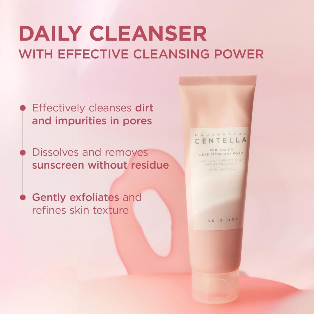 Refect Beauty SKIN1004 Centella Poremizing Deep Cleansing Foam tube on a soft pink background with skincare benefits