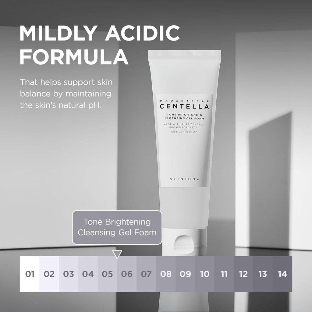 Refect Beauty SKIN1004 Centella Tone Brightening Cleansing Gel Foam tube with pH balance scale graphic