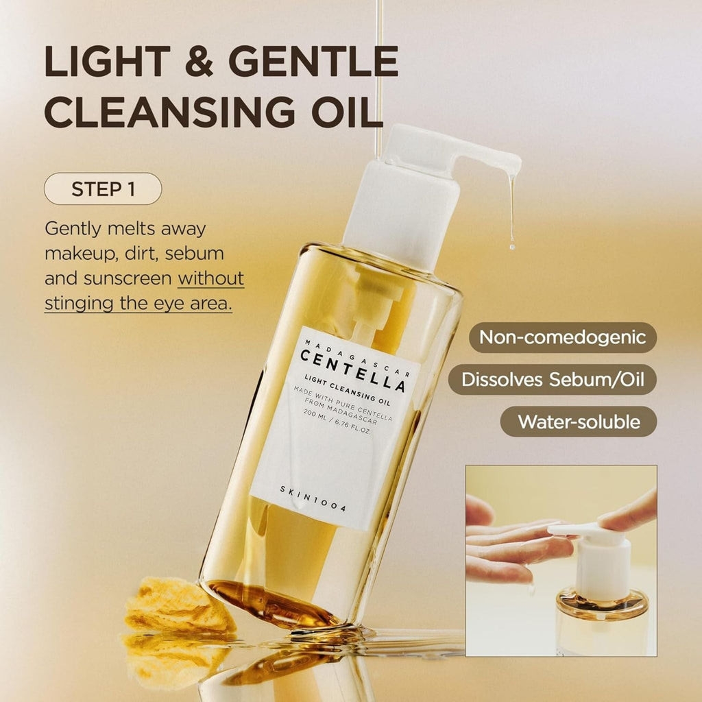 Refect Beauty SKIN1004 Madagascar Centella Light Cleansing Oil bottle with pump, featuring a clear golden oil texture.