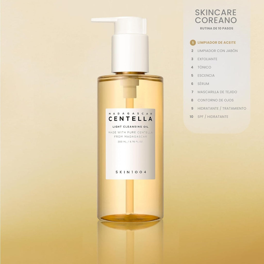 Refect Beauty SKIN1004 Centella Light Cleansing Oil in a clear pump bottle against a soft golden background.