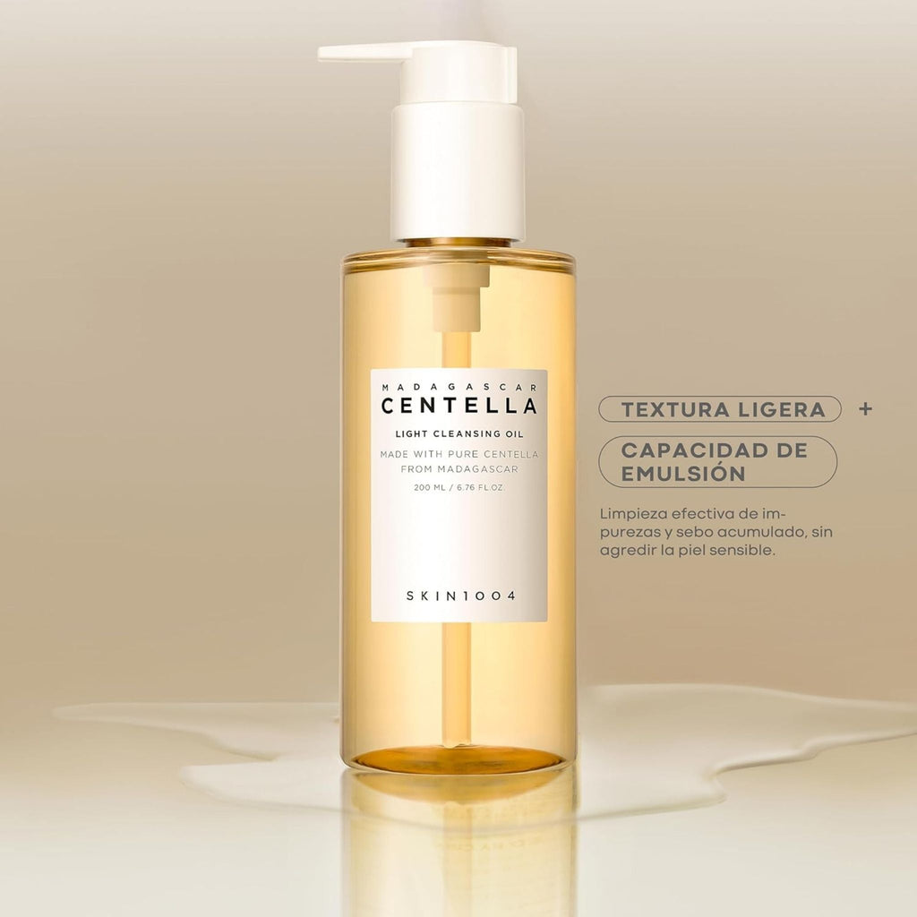 Refect Beauty SKIN1004 Centella Light Cleansing Oil in a clear pump bottle with light brown oil on a beige background.