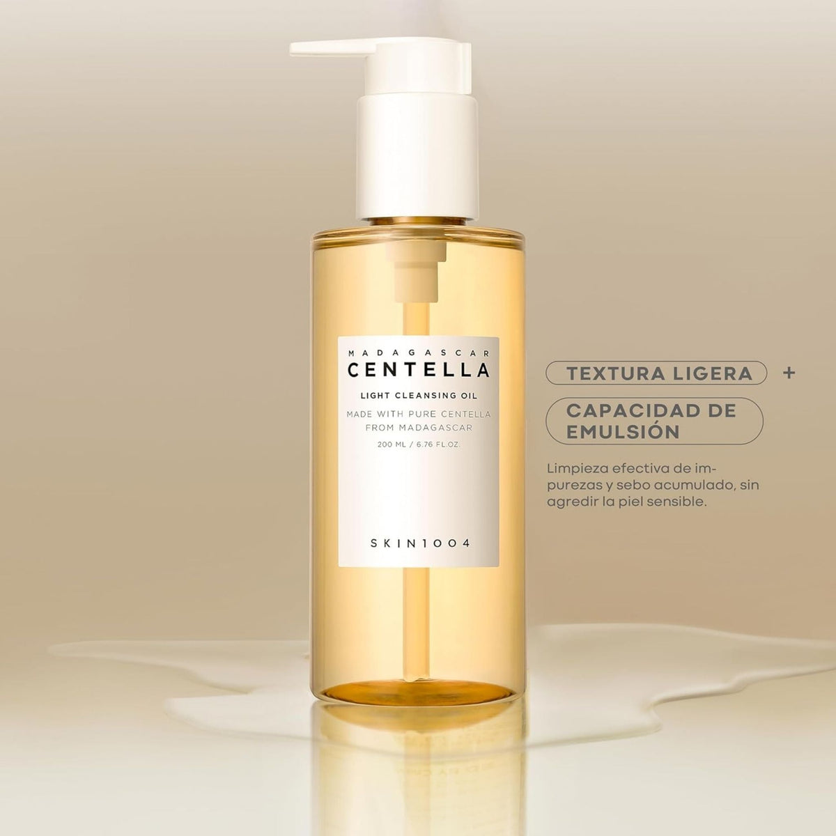 Refect Beauty SKIN1004 Centella Light Cleansing Oil in a clear pump bottle with light brown oil on a beige background.