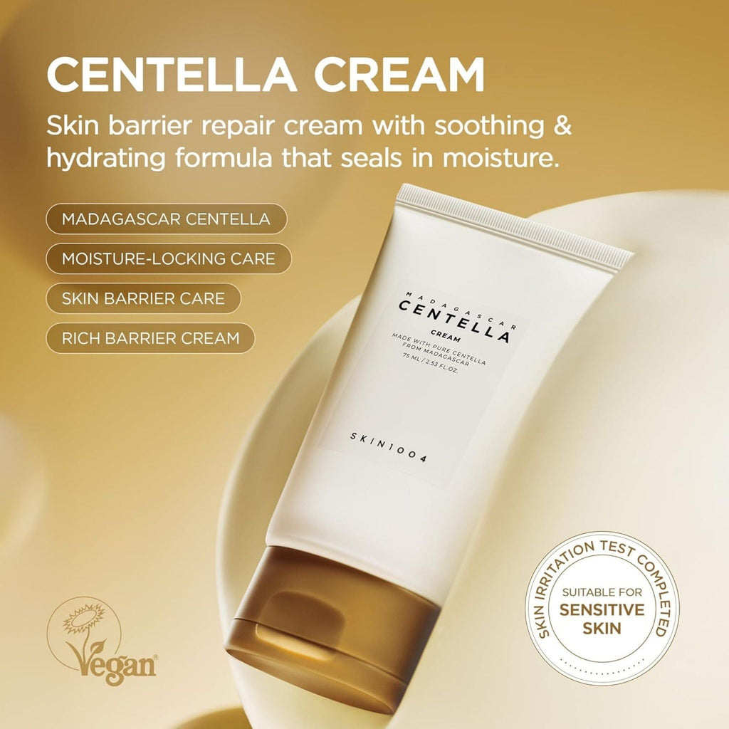 Refect Beauty SKIN1004 Centella Cream tube on a smooth surface with text highlights about skin barrier repair.