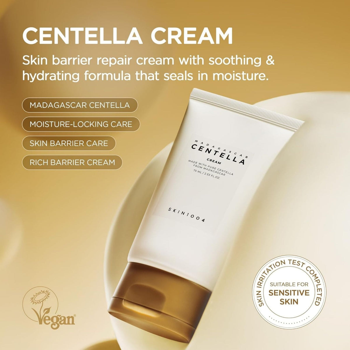 Refect Beauty SKIN1004 Centella Cream tube on a smooth surface with text highlights about skin barrier repair.