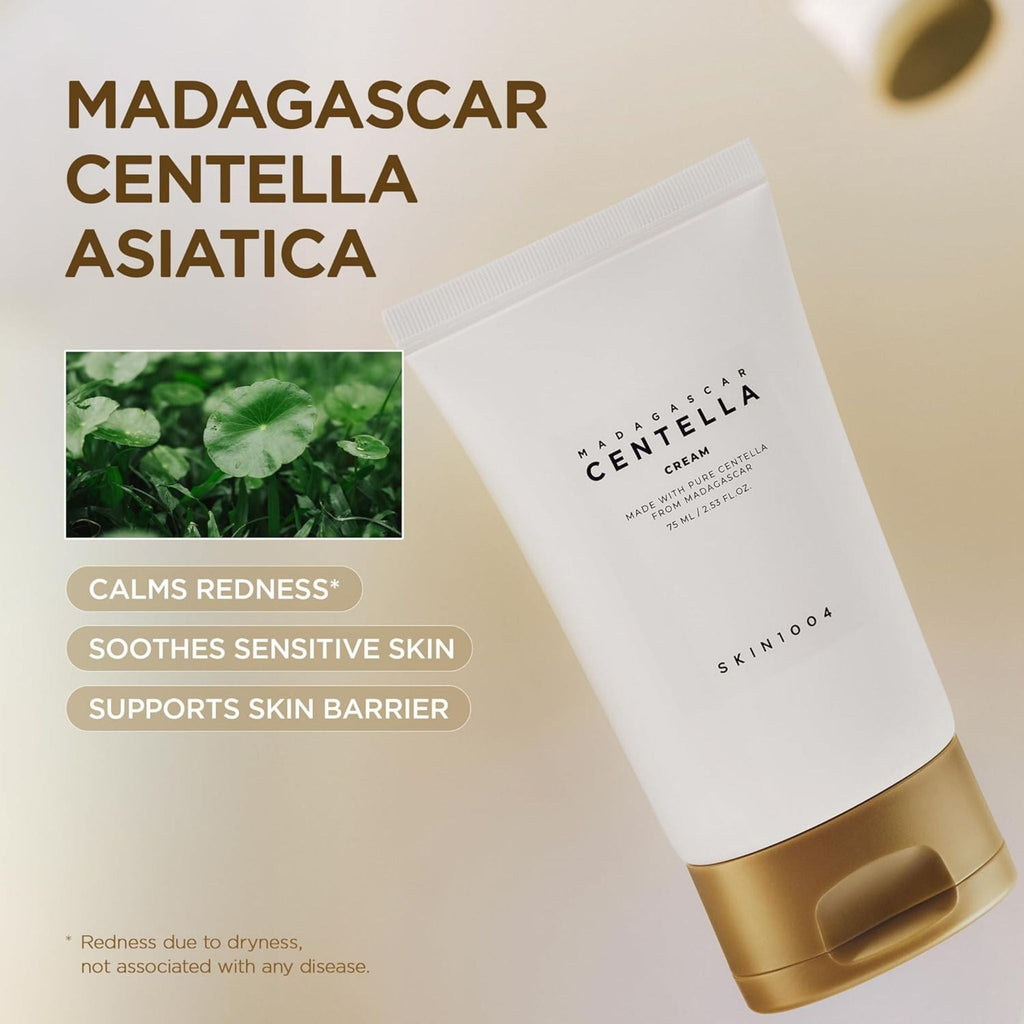 Refect Beauty SKIN1004 Madagascar Centella Cream in a white tube with gold cap, featuring soothing skincare benefits.