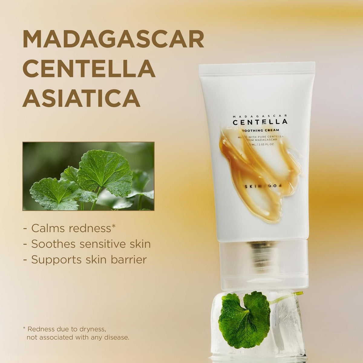 Refect Beauty SKIN1004 Centella Soothing Cream in a white tube with a light-brown gel texture and Centella Asiatica leaves.