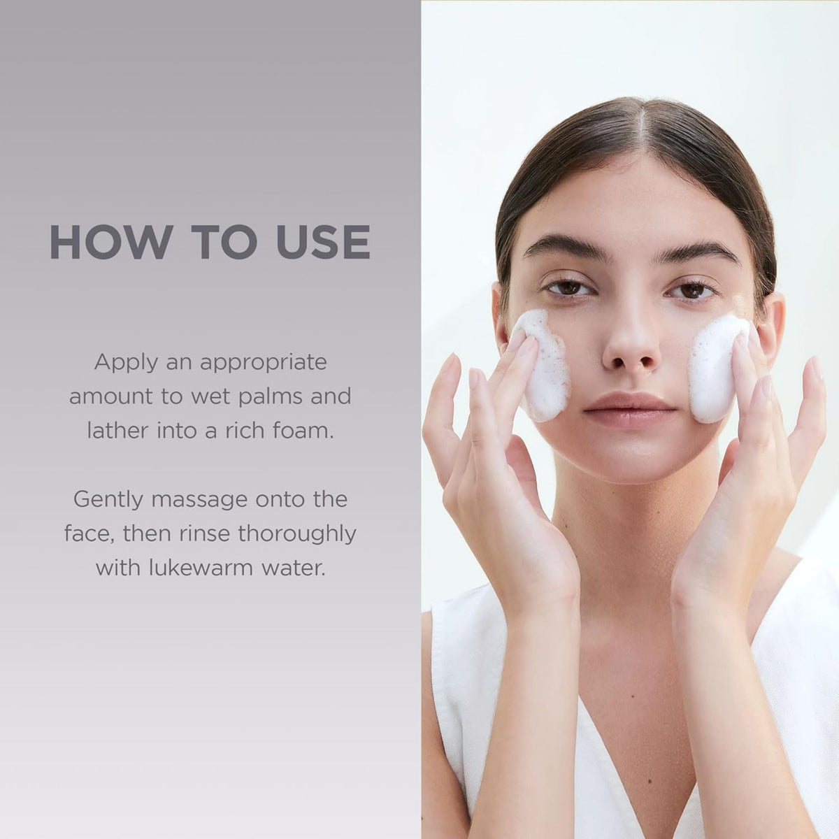 Refect Beauty model applying SKIN1004 Centella Tone Brightening Cleansing Gel Foam to her face in a rich white lather