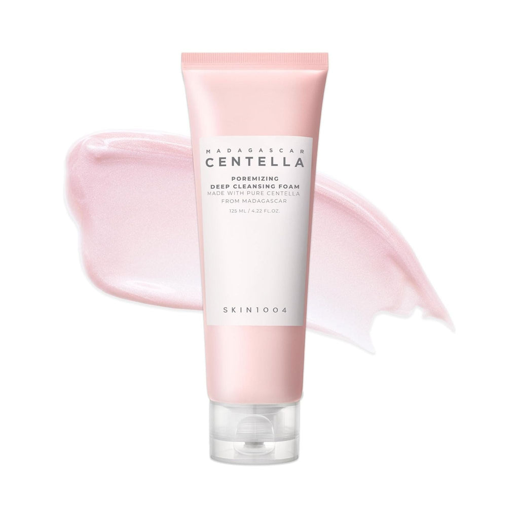 Refect Beauty SKIN1004 Centella Poremizing Deep Cleansing Foam in a pink tube with a creamy product swatch behind it.