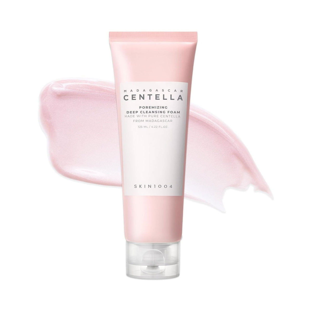 Refect Beauty SKIN1004 Centella Poremizing Deep Cleansing Foam in a pink tube with a creamy product swatch behind it.