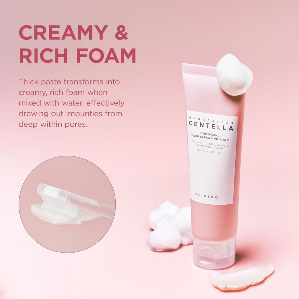 Refect Beauty SKIN1004 Centella Poremizing Deep Cleansing Foam tube with rich creamy foam on a soft pink background