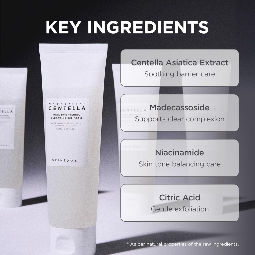Refect Beauty SKIN1004 Centella Tone Brightening Cleansing Gel Foam tube with key ingredient list infographic