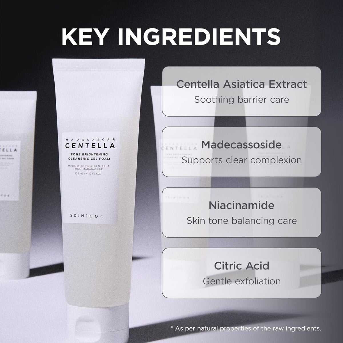 Refect Beauty SKIN1004 Centella Tone Brightening Cleansing Gel Foam tube with key ingredient list infographic