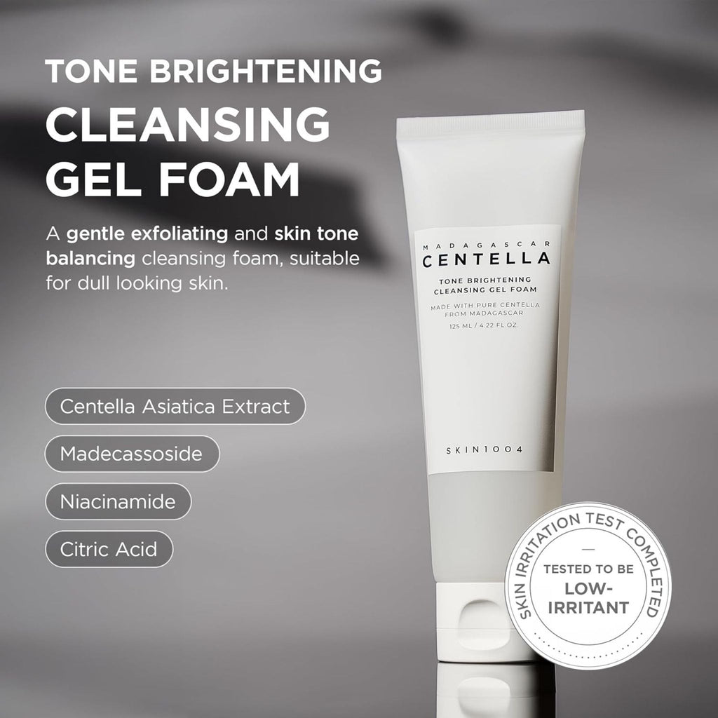 Refect Beauty SKIN1004 Centella Tone Brightening Cleansing Gel Foam in a white tube with key ingredient labels.