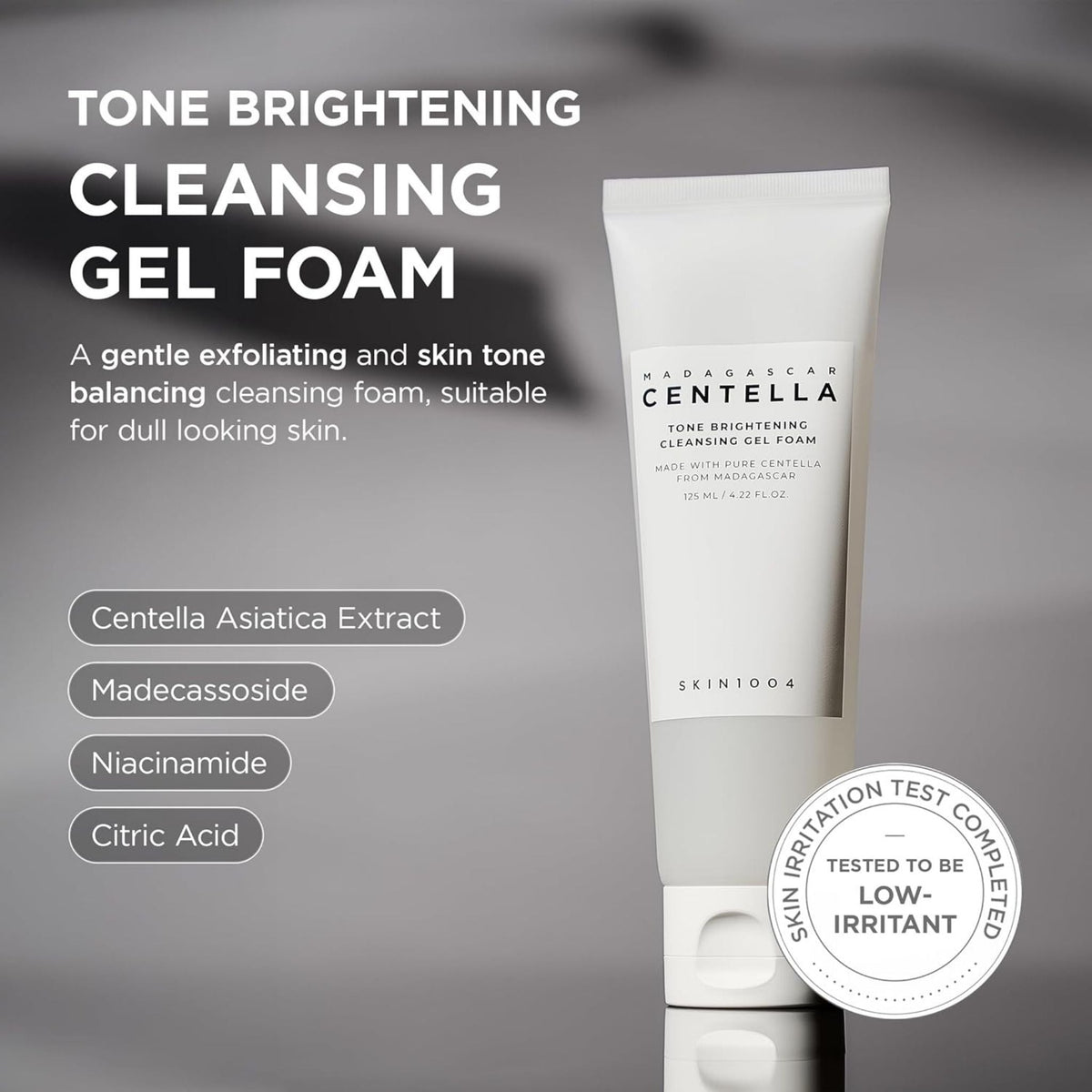 Refect Beauty SKIN1004 Centella Tone Brightening Cleansing Gel Foam in a white tube with key ingredient labels.