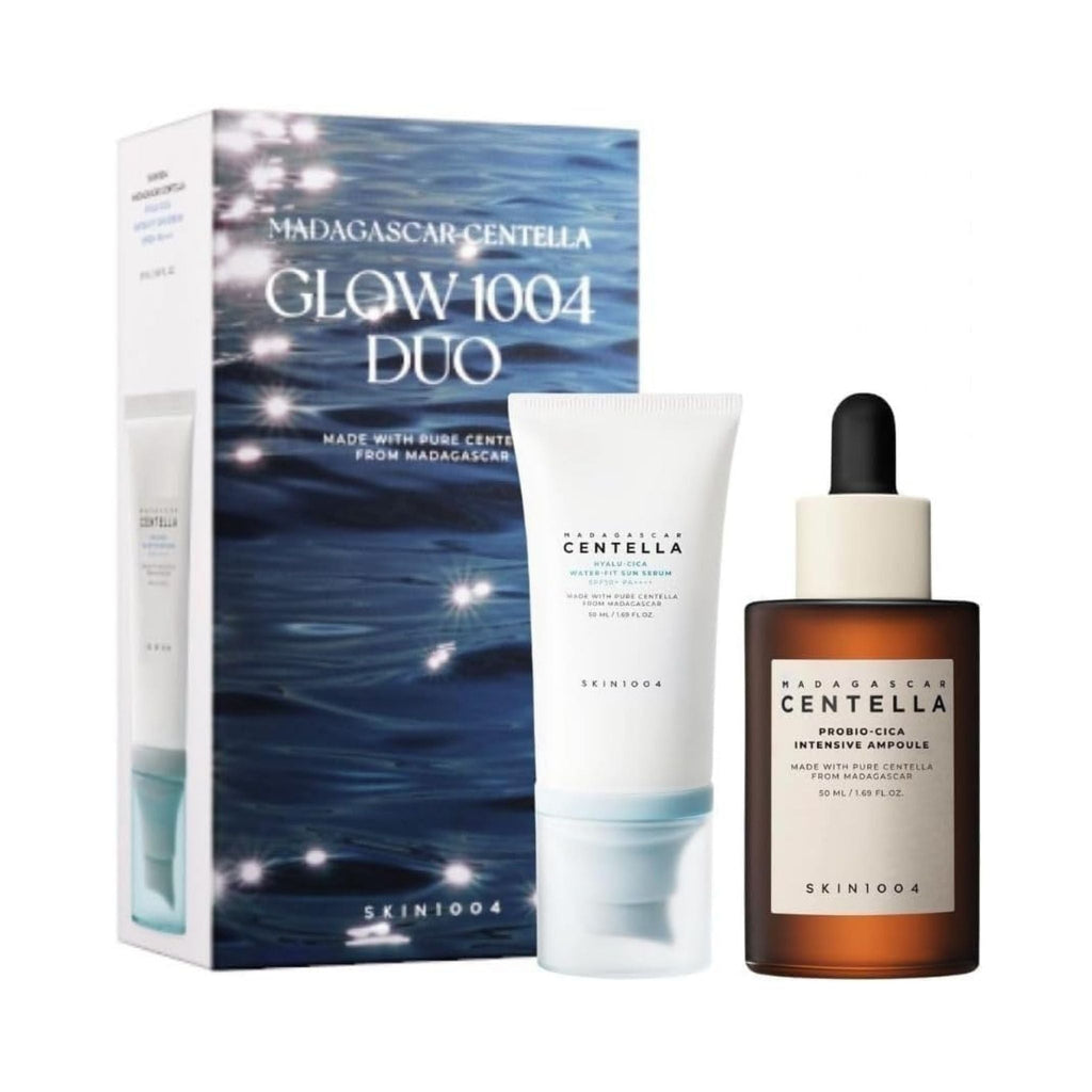 Refect Beauty SKIN1004 Madagascar Centella Glow 1004 Duo set featuring a sun serum and intensive ampoule in a box.
