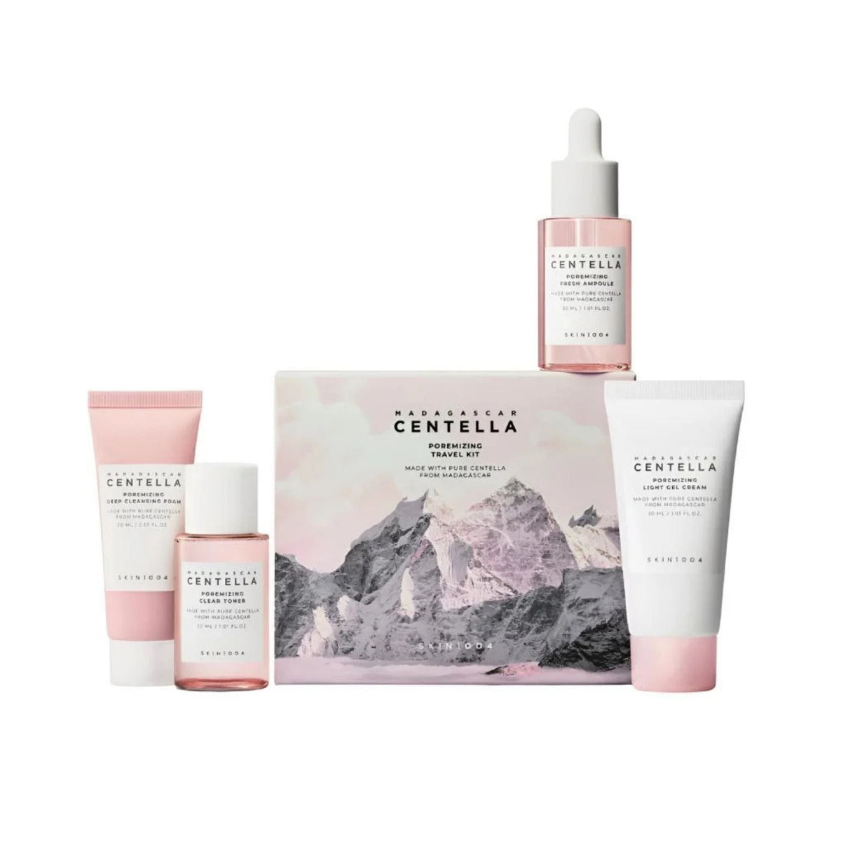 Refect Beauty SKIN1004 Centella Poremizing travel skincare kit featuring cleanser, toner, ampoule, and gel cream bottles.