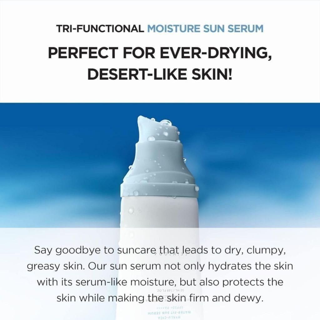 Refect Beauty SKIN1004 Hyalu-Cica Water-Fit Sun Serum pump bottle with water droplets against a blue background