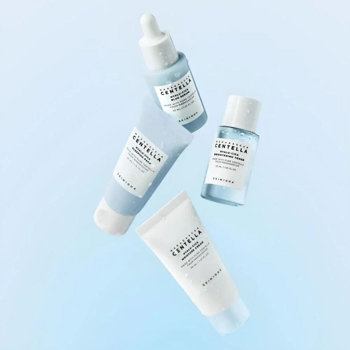 Refect Beauty SKIN1004 Centella Hyalu-Cica travel skincare set featuring toner, serum, moisture cream, and sleeping pack