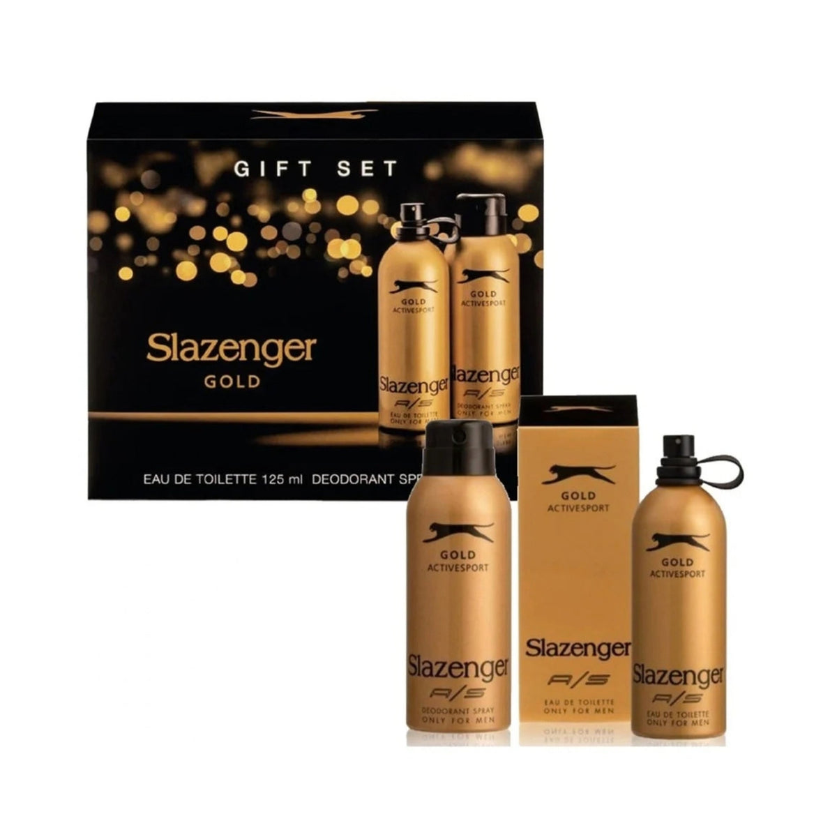 Refect Beauty Slazenger Active Sport Gold men's gift set featuring a 125ml Eau de Toilette and 150ml deodorant spray.