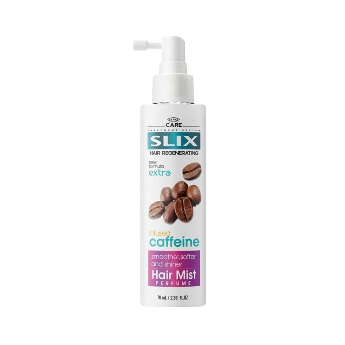 Refect Beauty Slix caffeine-infused hair mist in a white spray bottle for refreshing and conditioning hair.