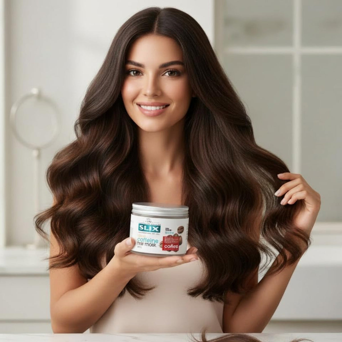 Refect Beauty Slix hair mask held by a smiling woman with long, healthy, voluminous dark brown hair.