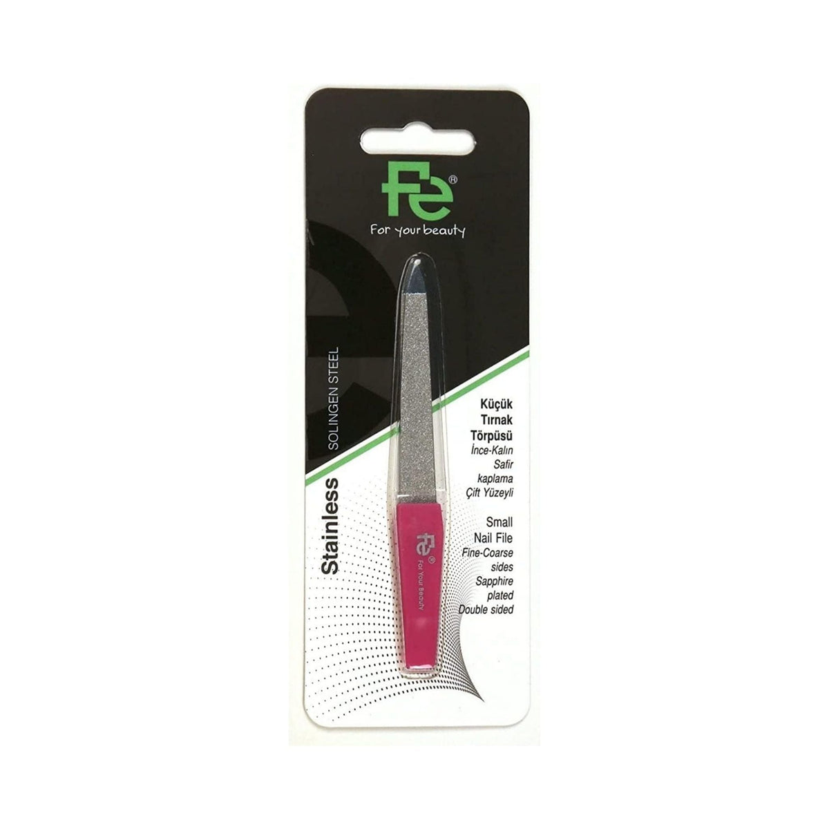 Refect Beauty Fe small stainless steel nail file with a pink handle and double-sided sapphire abrasive surface.
