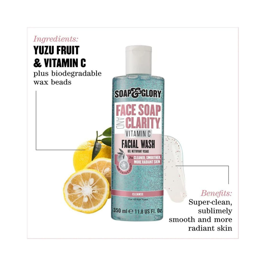 Refect Beauty Soap & Glory Face Soap and Clarity Vitamin C facial wash bottle with yuzu fruit and exfoliating beads