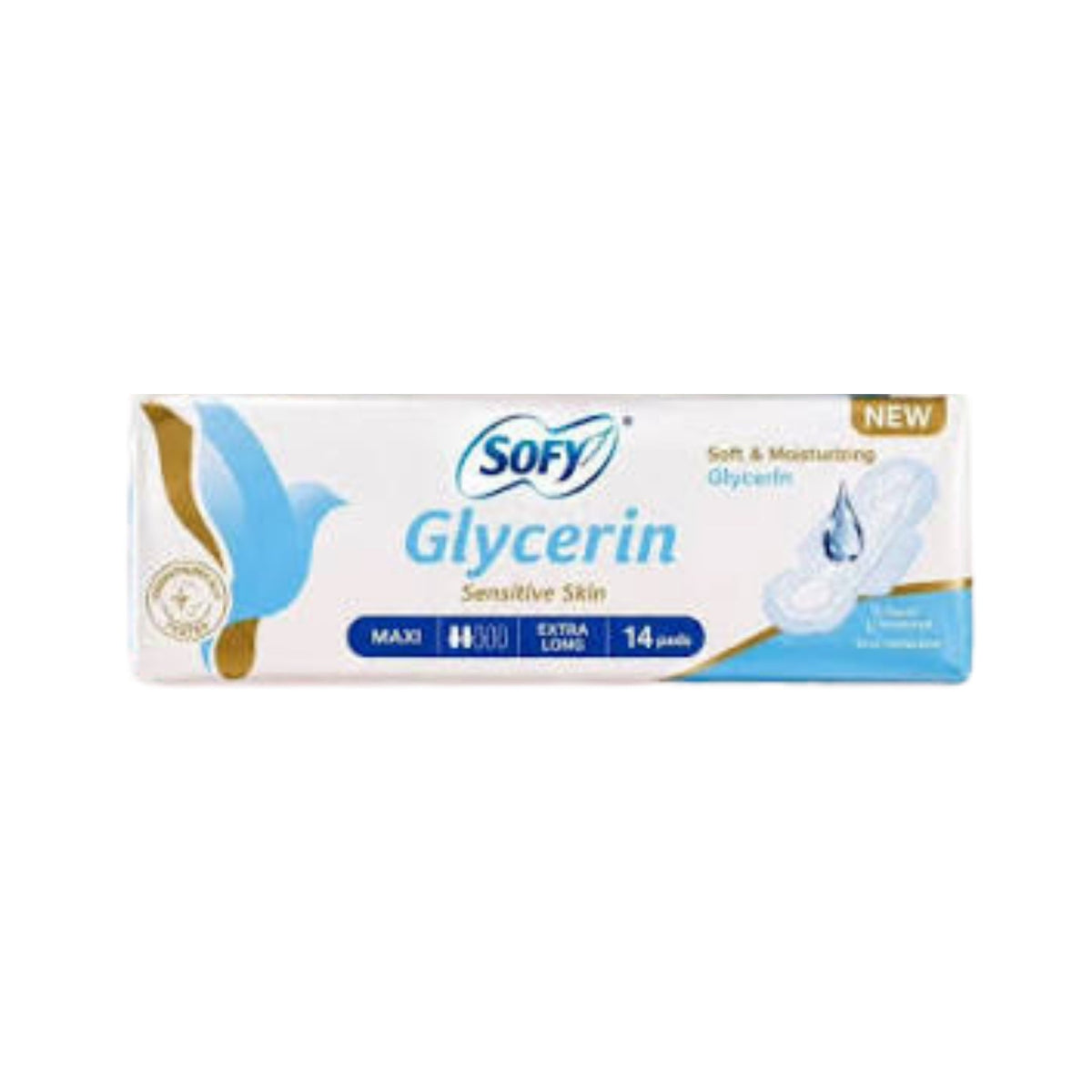 Refect Beauty Sofy Glycerin Sensitive Skin Maxi Thick Extra Long sanitary pad packaging in white and blue