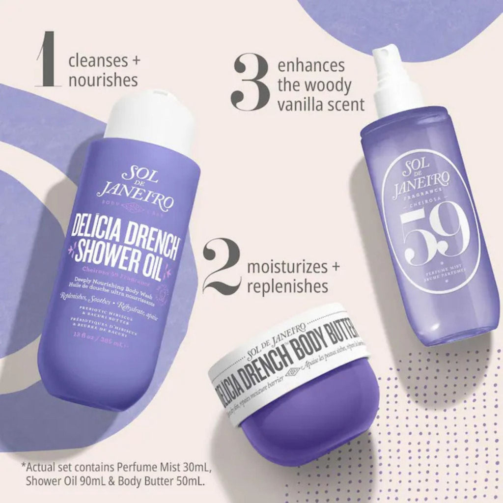 Refect Beauty Sol de Janeiro Delícia Drench set with shower oil, body butter, and Cheirosa 59 perfume mist