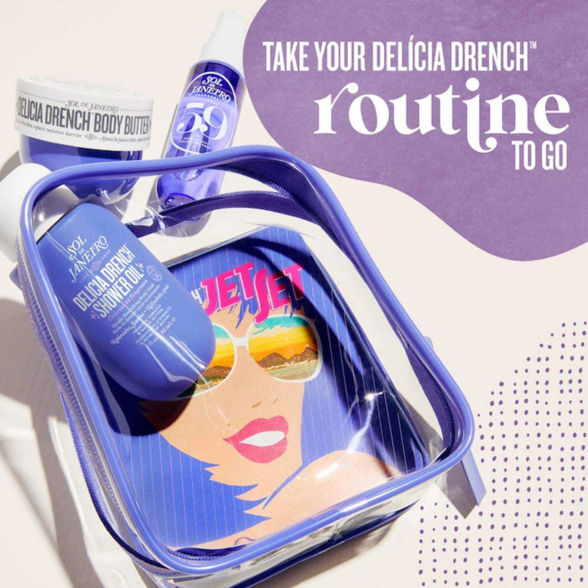 Refect Beauty Sol de Janeiro Delícia Drench travel set with body butter, shower oil, and mist in a clear purple bag.