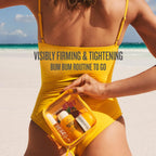 Refect Beauty Sol de Janeiro Bum Bum Jet Set travel skincare kit held by a woman in a yellow swimsuit on a beach
