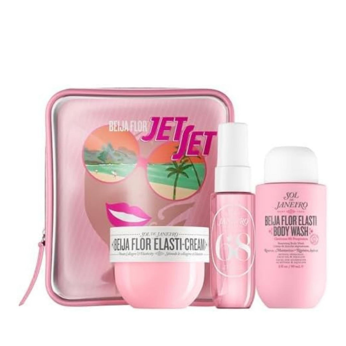 Refect Beauty Sol de Janeiro Beija Flor travel set with body cream, body wash, and fragrance mist in a pink pouch.