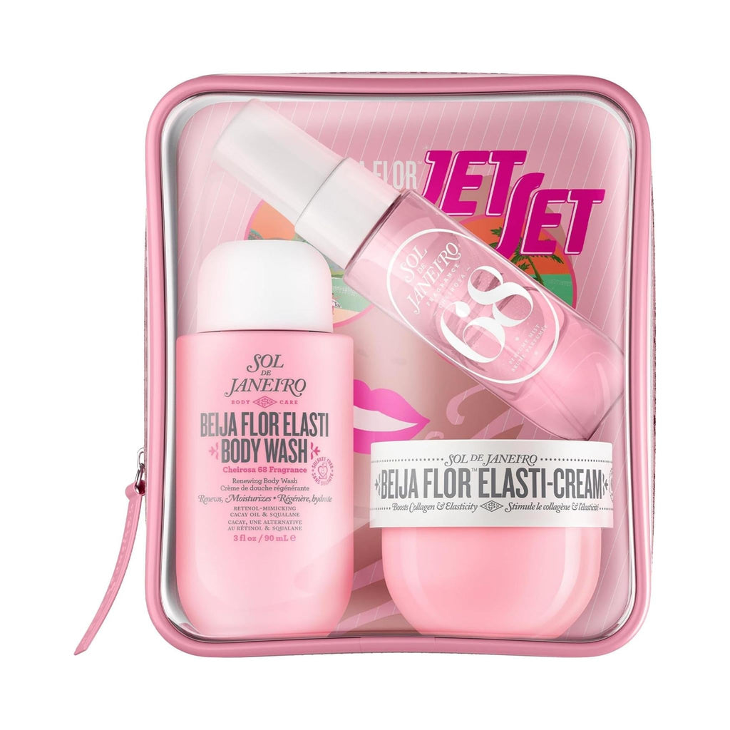 Refect Beauty Sol de Janeiro Beija Flor Jet Set featuring travel-sized body wash, cream, and fragrance mist in a bag.