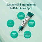 Refect Beauty Some By Mi acne spot cream tube with ingredient benefits highlighted on a light green background