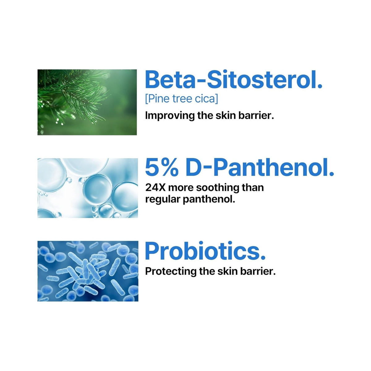 Refect Beauty Some by Mi Beta Panthenol cream ingredients infographic showing pine tree cica, D-Panthenol, and probiotics