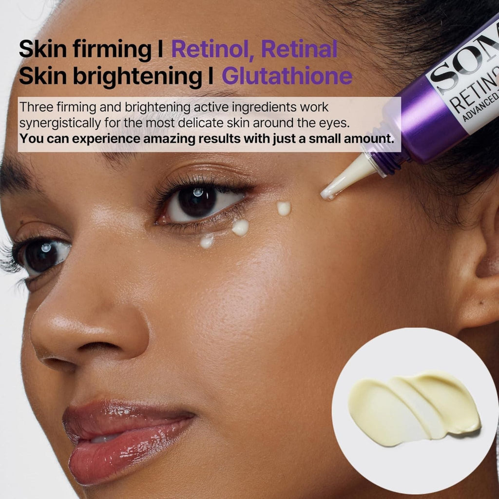 Refect Beauty Some By Mi Retinol eye cream being applied to a model's under-eye area for firming and brightening.