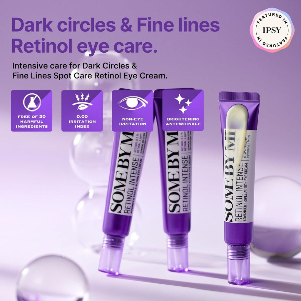 Refect Beauty Some By Mi Retinol Intense eye cream tubes against a purple background with anti-aging benefit icons