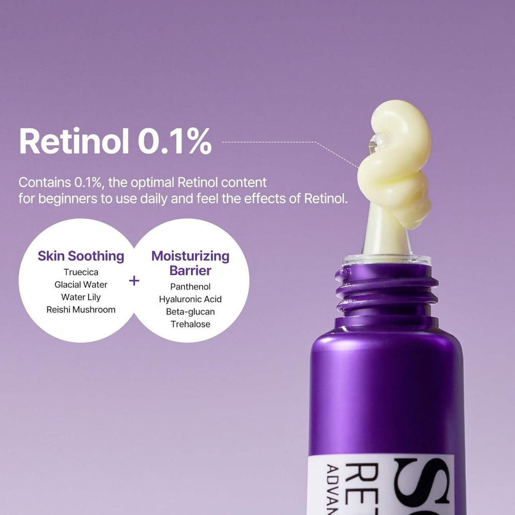 Refect Beauty Some By Mi Retinol Intense eye cream with a dollop of cream on the purple tube tip against purple background