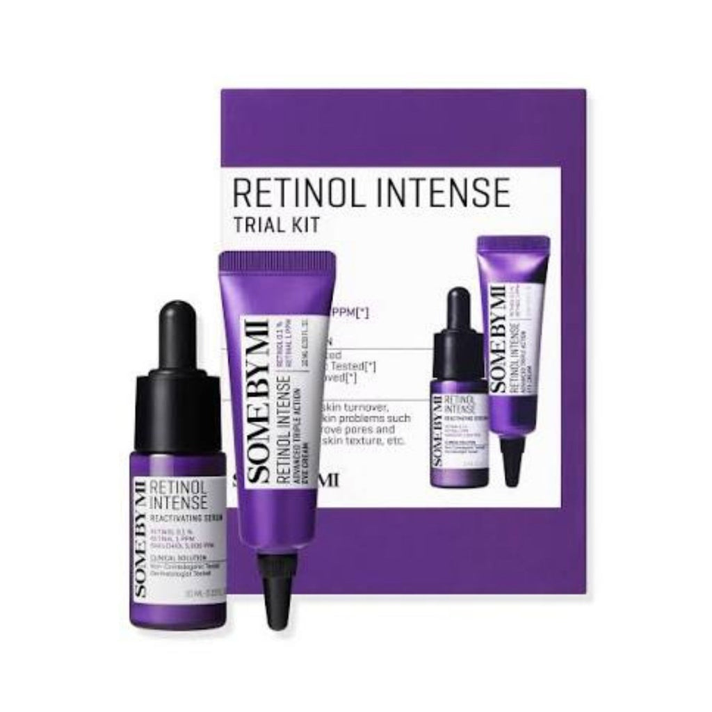 Refect Beauty Some By Mi Retinol Intense trial kit with a 10ml serum and 10ml eye cream in purple packaging.