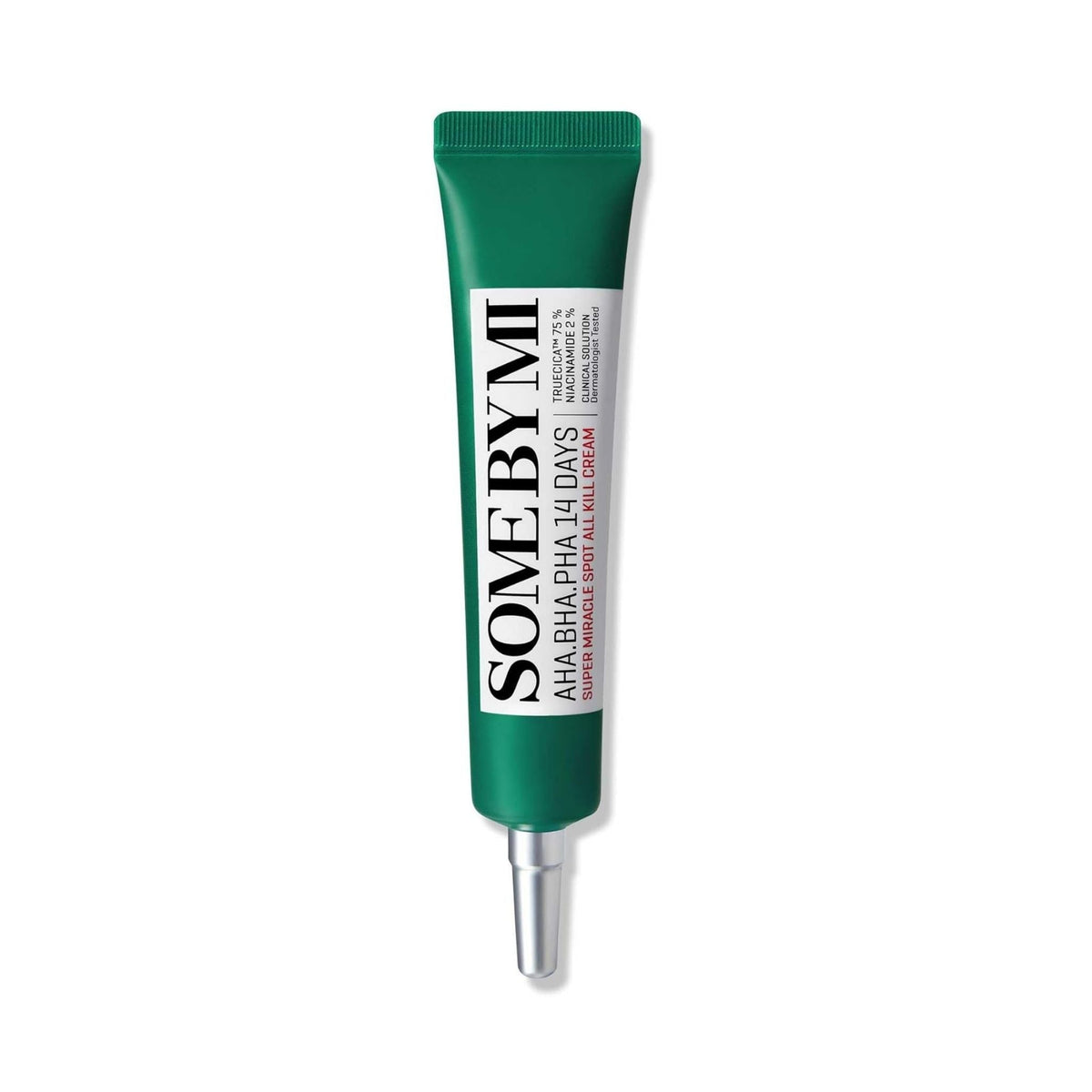 Refect Beauty Some By Mi AHA BHA PHA spot treatment cream in a green squeeze tube for acne and blemishes