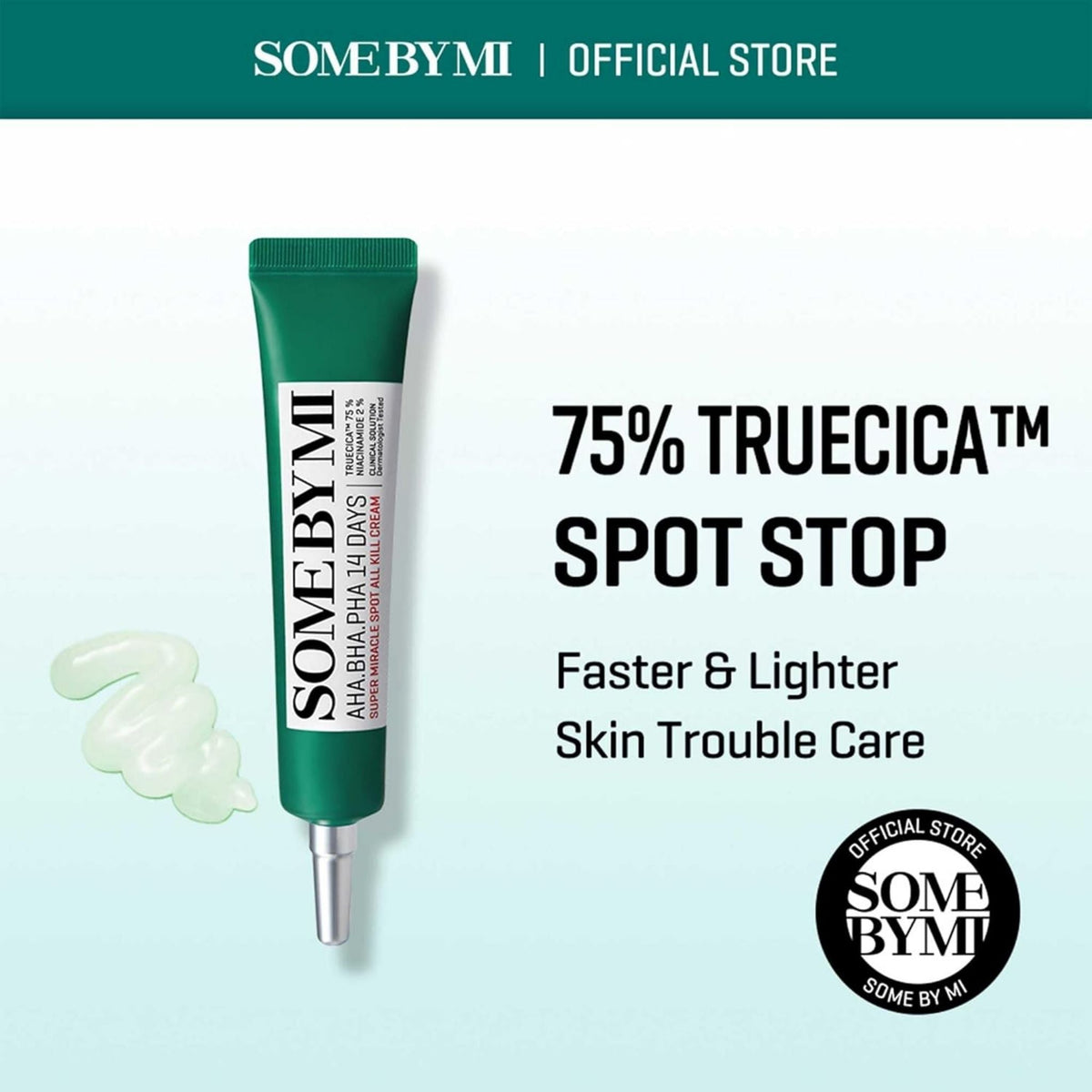 Refect Beauty Some By Mi AHA BHA PHA spot treatment cream in a green tube with a clear gel texture sample