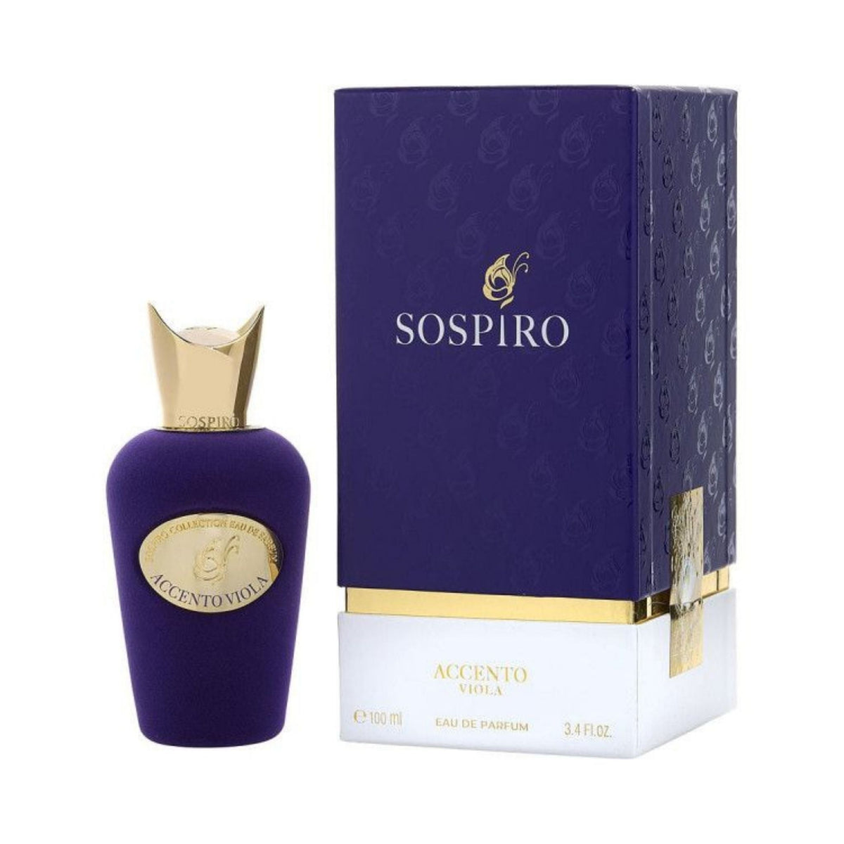 Refect Beauty Sospiro Accento Viola Eau de Parfum bottle with purple velvet texture and gold cap next to its box.
