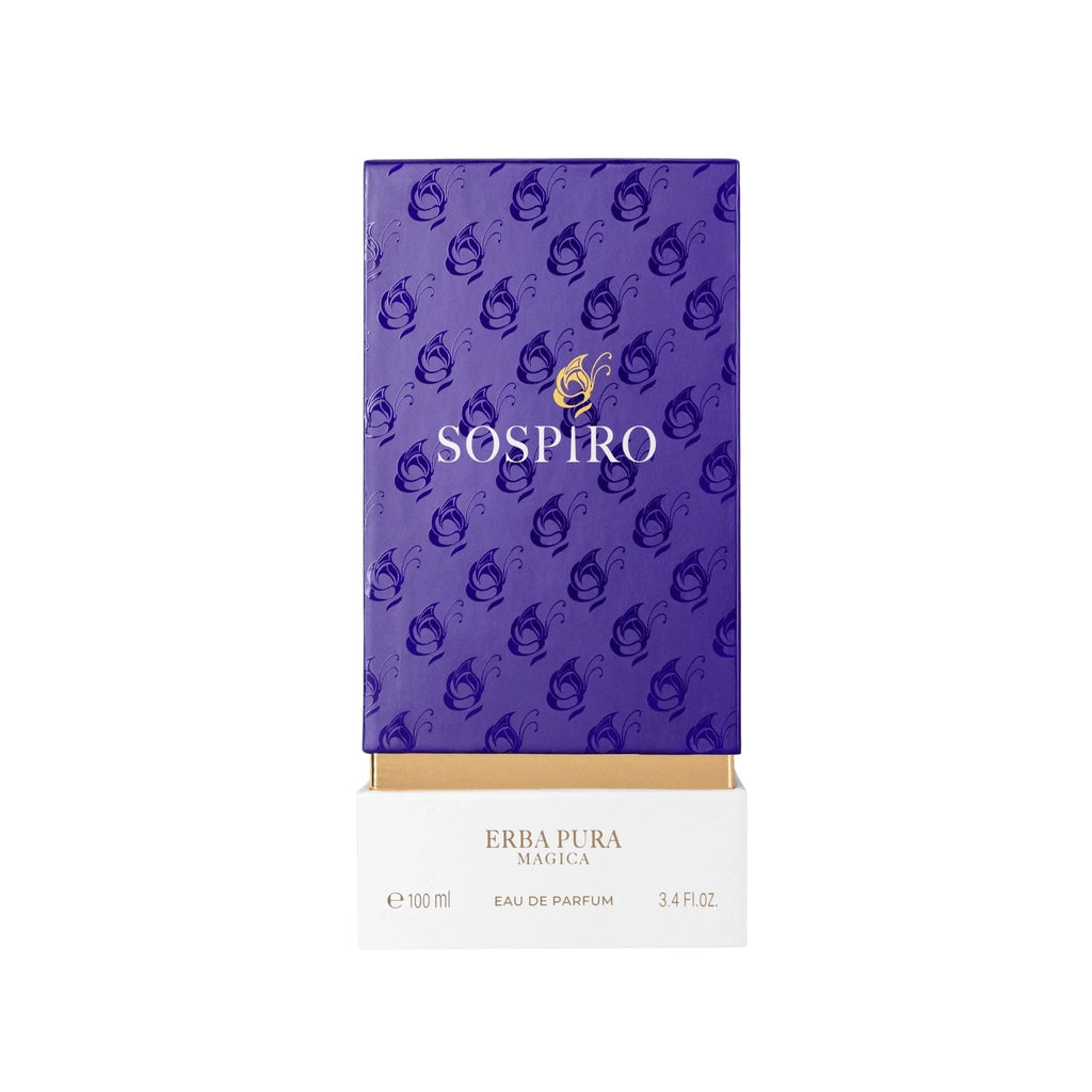 Refect Beauty Sospiro Erba Pura Magica Eau de Parfum in a vibrant purple butterfly-patterned box with gold accents.