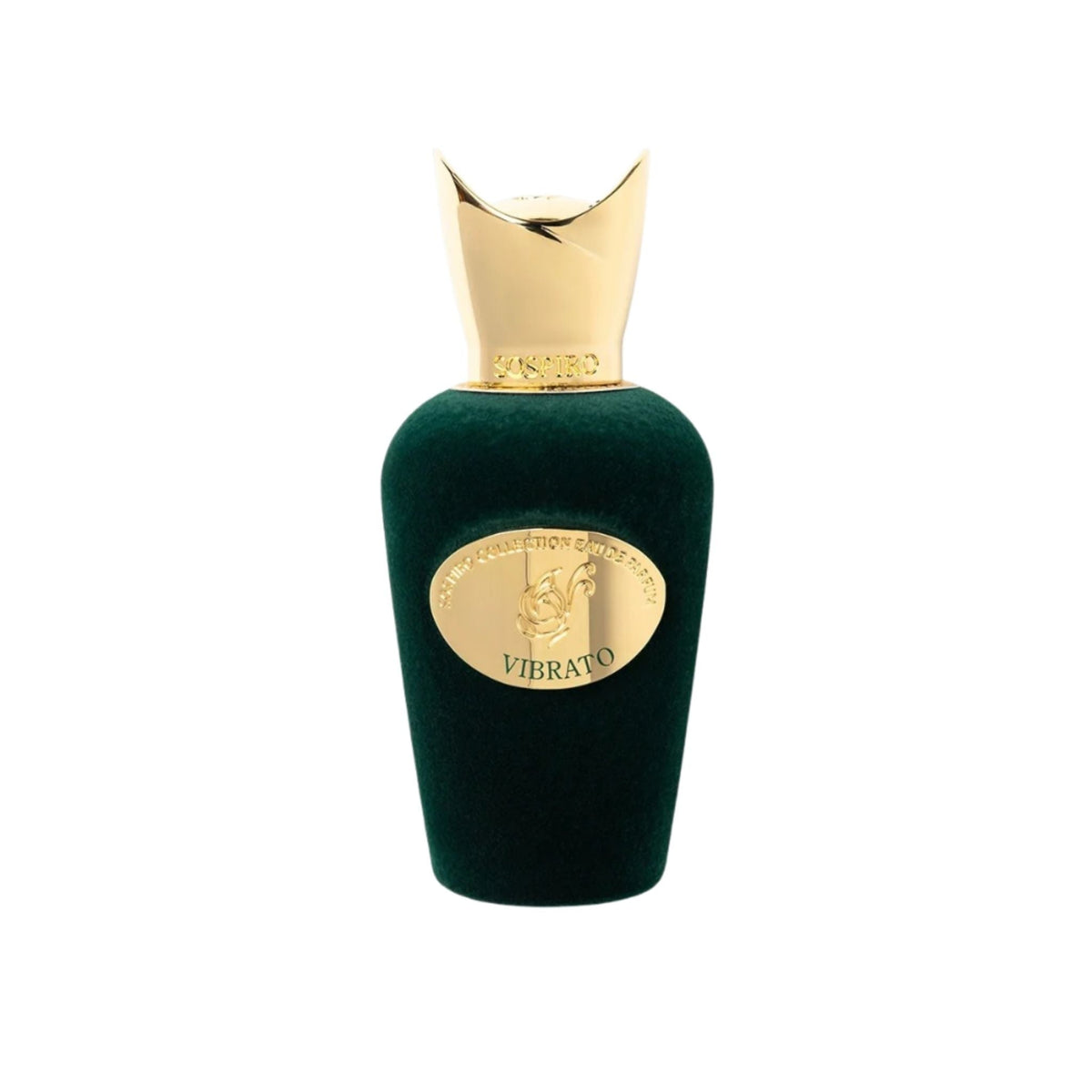 Refect Beauty Sospiro Vibrato unisex eau de parfum in a dark green velvet bottle with a gold crown-shaped cap.