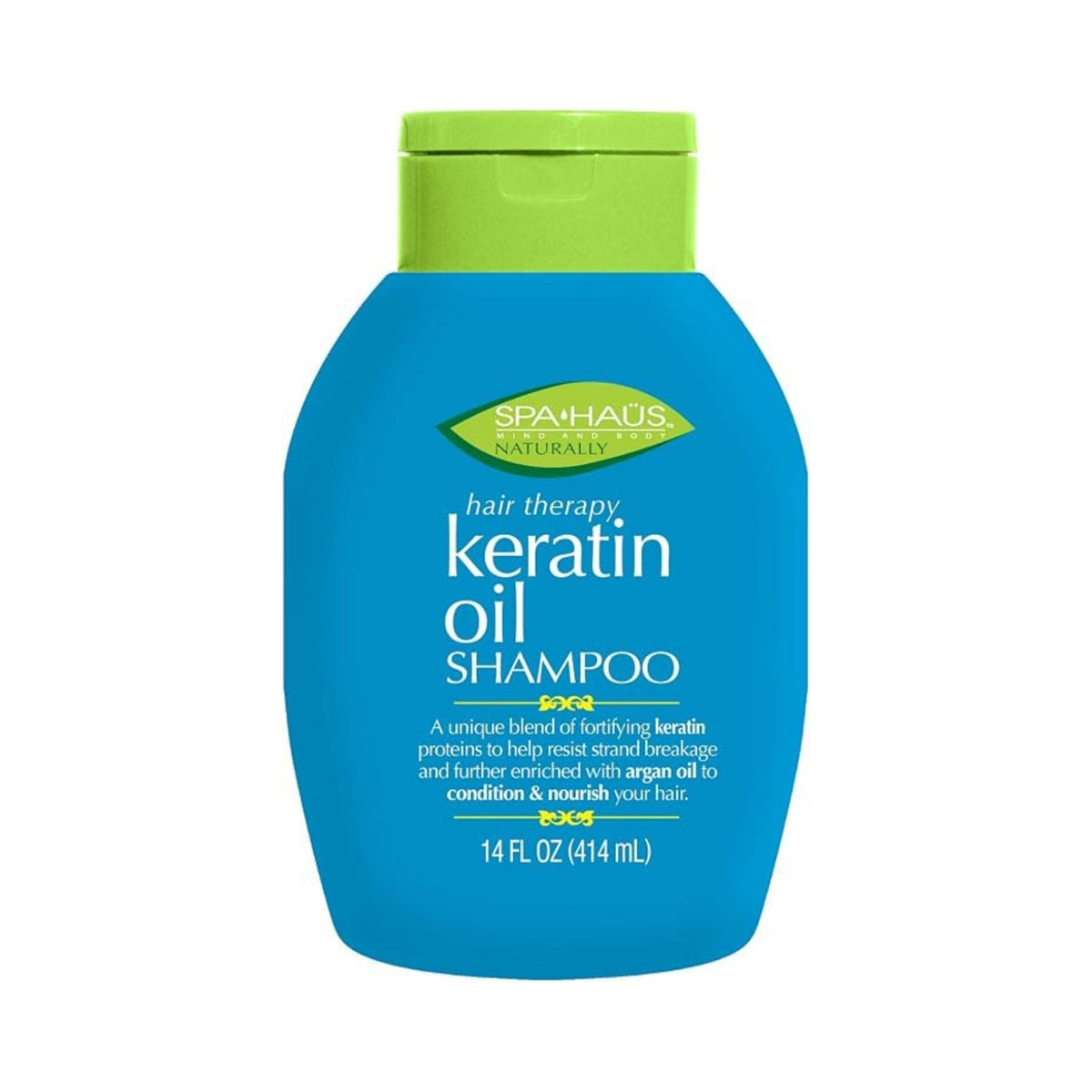 Refect Beauty SpaHaus Keratin Oil Shampoo in a blue bottle with a green cap for strengthening and smoothing hair.