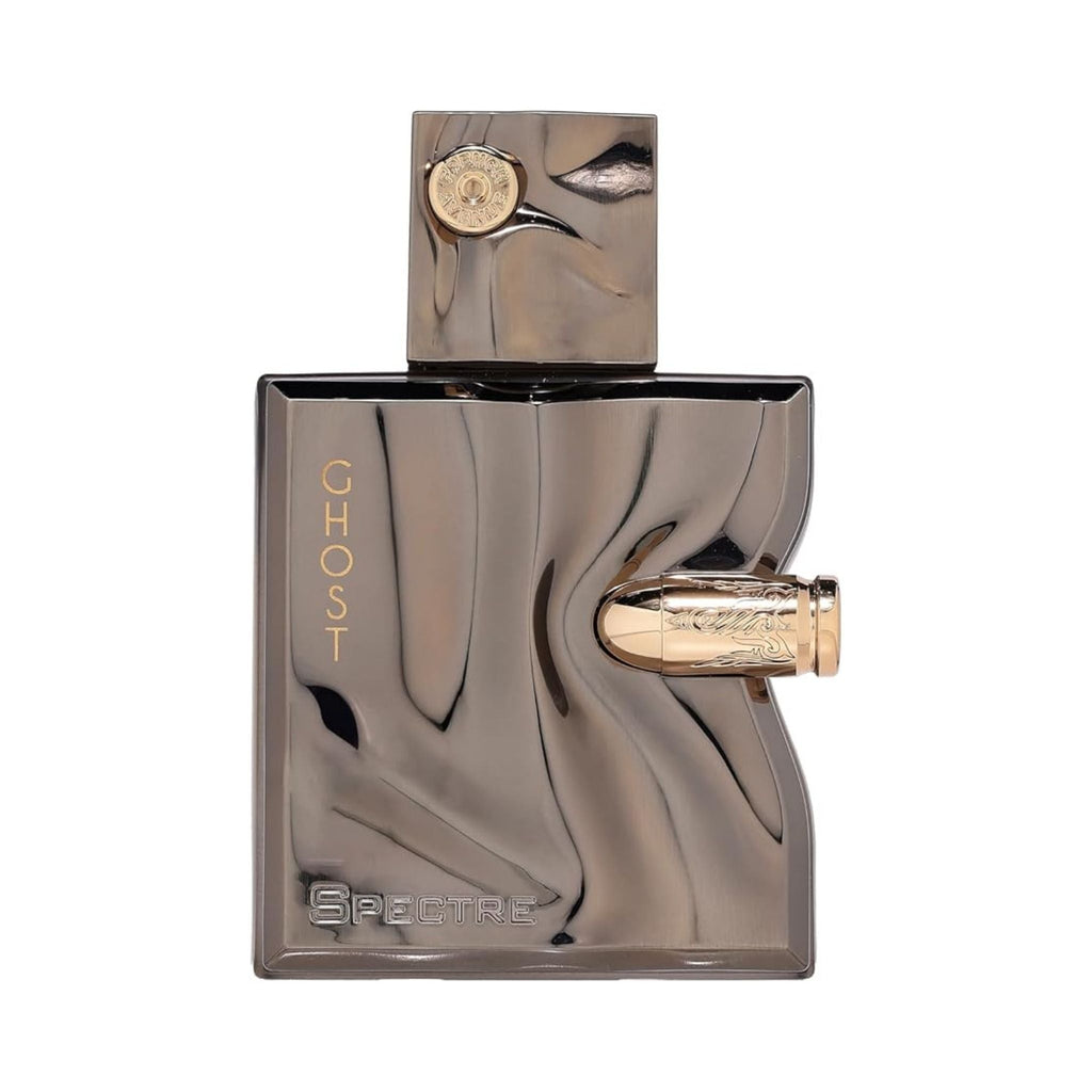 Refect Beauty French Avenue Spectre Eau de Parfum in a metallic gunmetal bottle with a unique bullet-shaped accent.