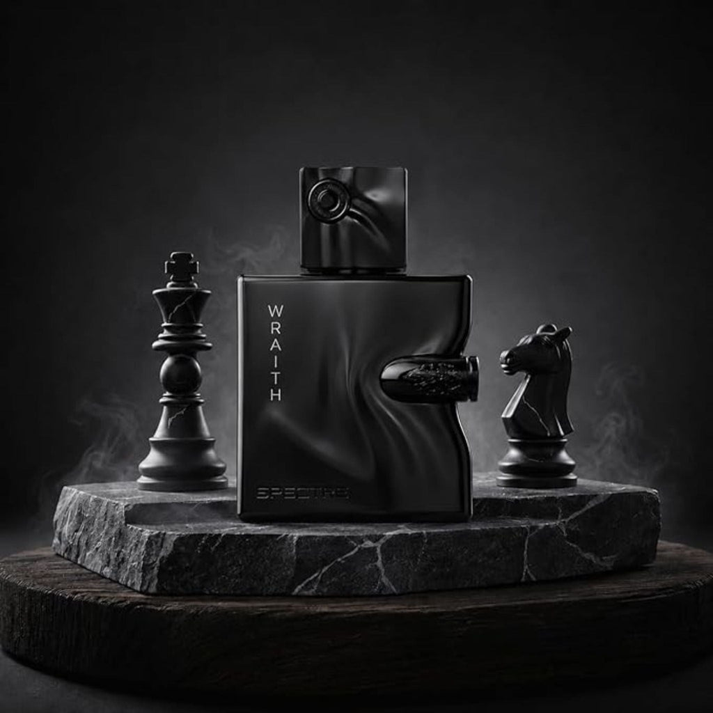 Refect Beauty French Avenue Spectre Wraith perfume bottle on a stone pedestal with chess pieces in a dark setting