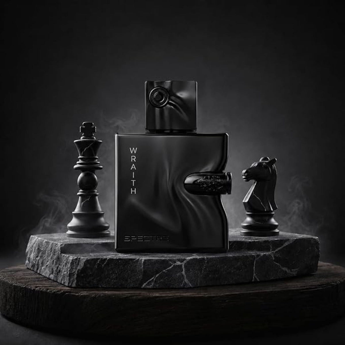 Refect Beauty French Avenue Spectre Wraith perfume bottle on a stone pedestal with chess pieces in a dark setting